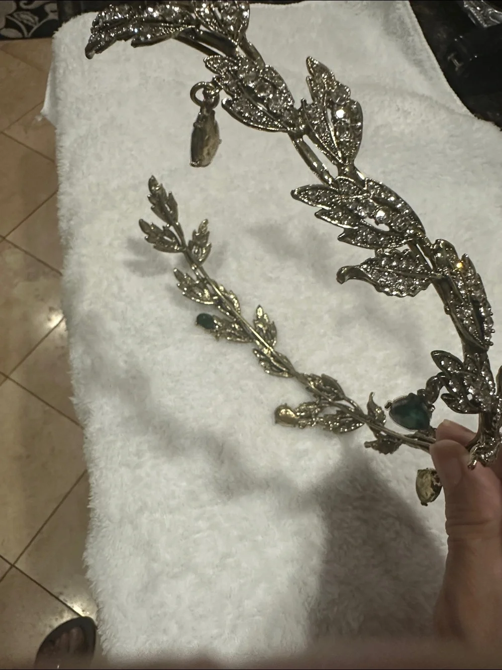 Octavia’s Crystal Drop Head Band in Antique Gold & Green Crystal